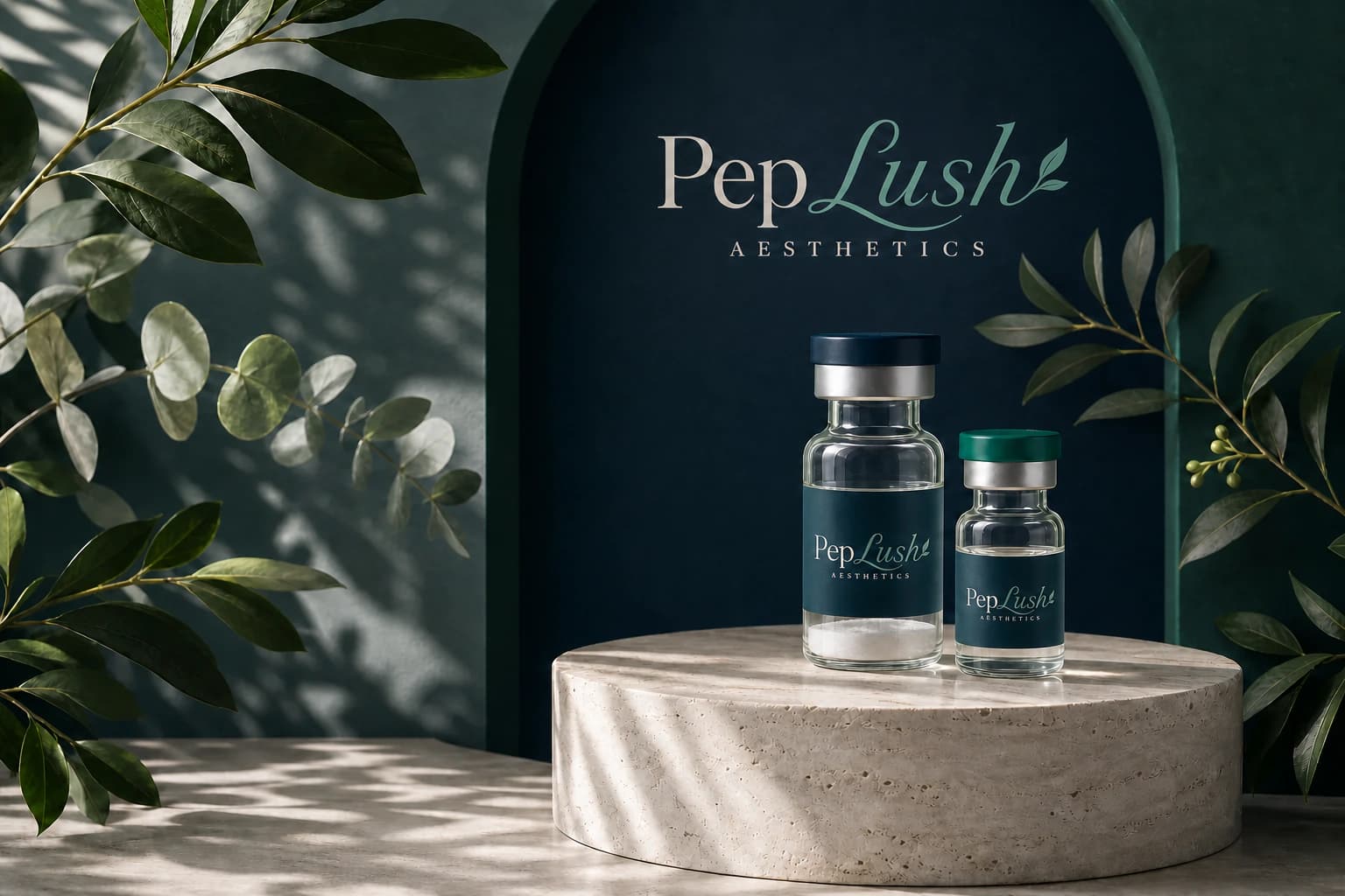 PepLush Aesthetics wellness vials displayed on a stone pedestal with botanical foliage